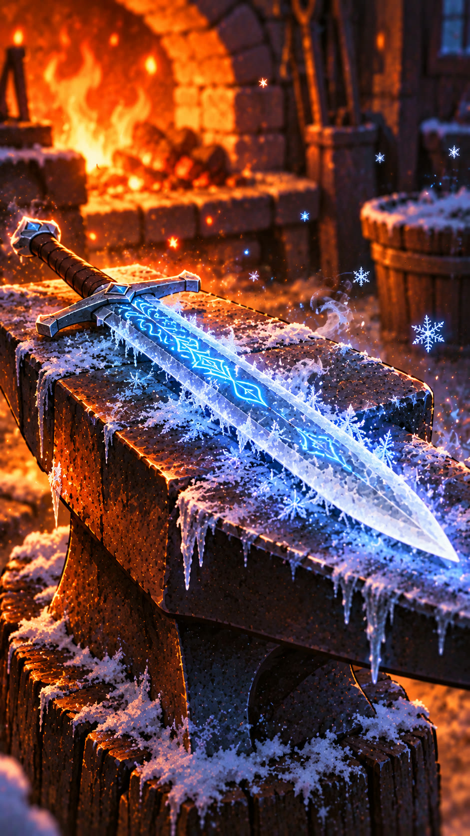Frostfang, an enchanted blade in a snowy fantasy forge
