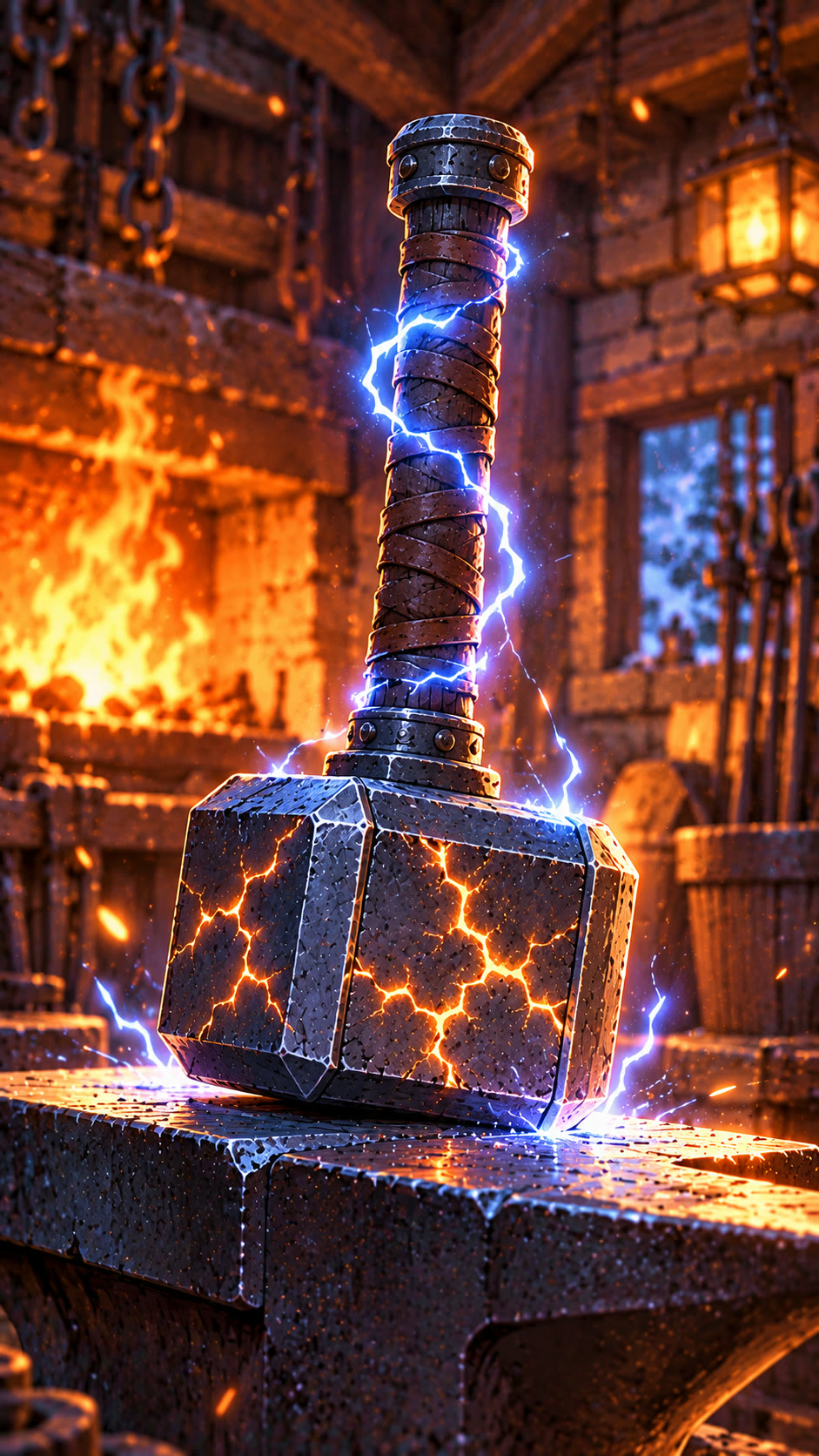 Thunderhead, a storm hammer in a fantasy blacksmith forge