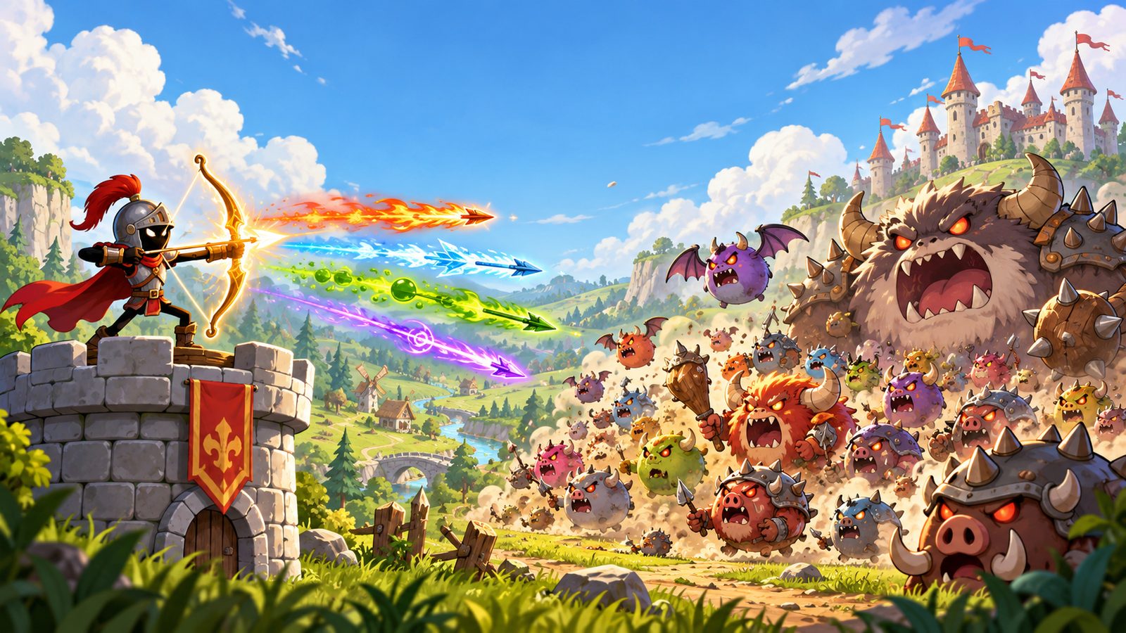 An armored archer defends a tower against a colorful monster army